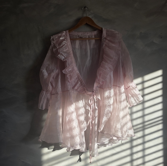 Baby Pink Organza Mesh Sheer Ruffled Mini Dress Top Sz 2X Wo Wo Wrap - Picture 16 of 16